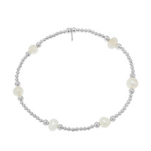 Ocean&#39;s Charm Freshwater White Pearl Sterling Silver Elastioc Beads Bracelet - £15.87 GBP