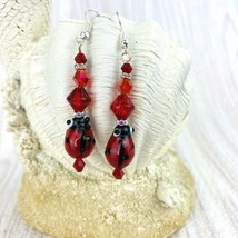 Red Black Lady Bug Dangle Swarovski Crystal Earrings Silver Tone Rhinestones  - £19.80 GBP