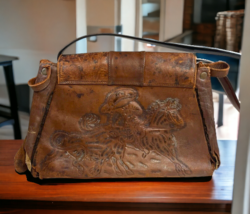 Mexican Heritage Cowboy Roping Lady Print Brown Leather Tooled Purse 14x... - £52.14 GBP