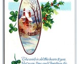 Cabin Scene Holly Four Leaf Clover Best Christmas Wishes Embossed Postca... - $2.92