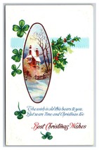 Cabin Scene Holly Four Leaf Clover Best Christmas Wishes Embossed Postcard U11 - £2.29 GBP