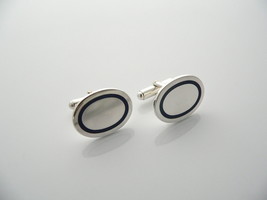 Tiffany &amp; Co Silver Blue Stripe Enamel Circle Cuff Link Cufflink Gift Lo... - £278.17 GBP