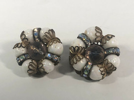 HobÃ© Rhinestone &amp; Glass Clip Earrings Signed Costume Jewelry - £14.20 GBP