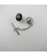 Vintage Tie Tack Lapel Pin Oval Black &amp; Silver Tone Chain Tie Bar - £7.98 GBP