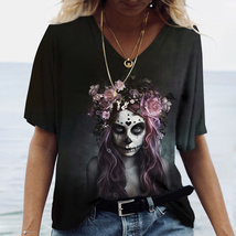 Dia de los muertos skull gothic steampunk Women&#39;s T Shirt Tops V Neck Ca... - £7.84 GBP