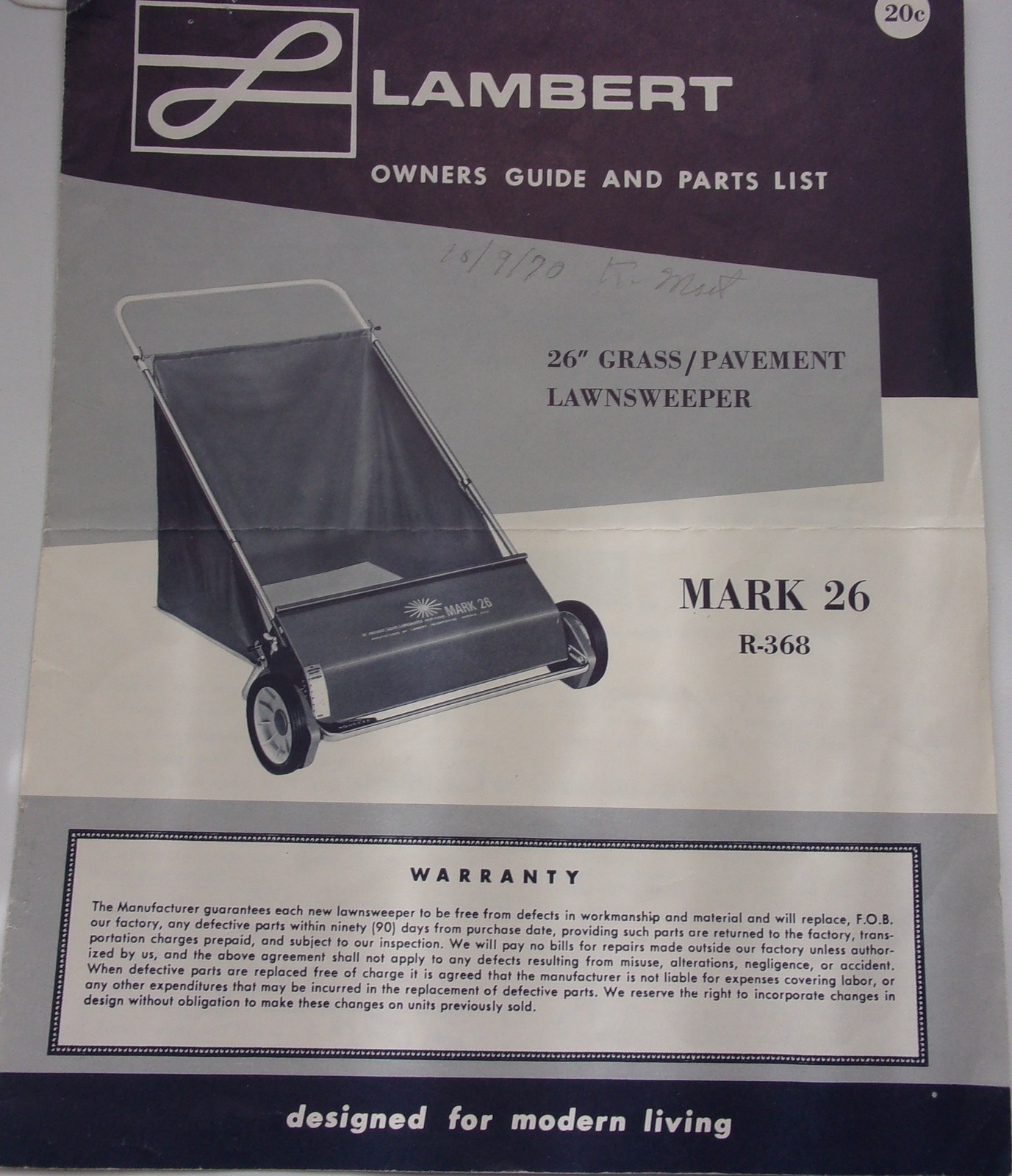 Vintage Lambert 26” Lawnsweeper Owners Guide &amp; Parts List 1970 - $4.99