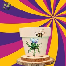 Emerald Blossoms - Scotland&#39;s Thistle and a bee hand painted on terracotta pot - £19.60 GBP