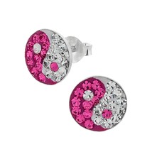 925 Silver Stud Earrings Pink Yin and Yang with Crystals - £12.80 GBP
