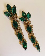 Green Stone Earrings Signed Carnegie Clear Rhinestones Gold Metal Clip-o... - $175.00