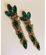 Green Stone Earrings Signed Carnegie Clear Rhinestones Gold Metal Clip-o... - $175.00