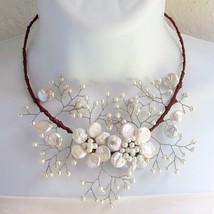 Double White Pearl Flower Ray Ribbon Wire Necklace - $24.39