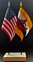 1 American &amp; 1 Brunei Mini Rayon 4&quot;x6&quot; Desk Flag Set with White 2-Hole Base - $13.95