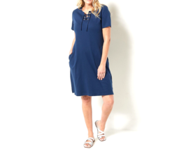Quacker Factory Grommet Lace Up Dress with Pockets- Dark Navy, Medium - £21.70 GBP