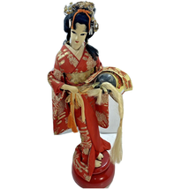 Japanese Geisha Doll Red Gold Kimono 15 in Metal Musical Turning Base Vintage - £35.93 GBP