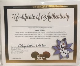 Olaf Disney Movie Club Pin VIP with Certificate of Authenticity NEW - $10.00