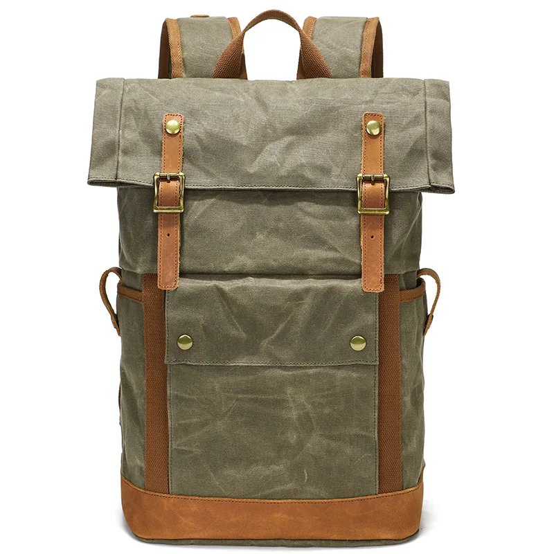 2023 Waterproof Waxed Canvas Leather Mens Camping Backpack Travel Roll T... - $152.76