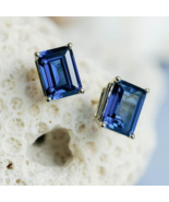Blue Sapphire Emerald Shape Earrings 925 Silver Emerald Solitaire Stud F... - $568.55 CAD