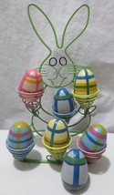 7 Hand Painted WOOD Easter Eggs and Metal Bunny Rabbit Display stand - £27.54 GBP