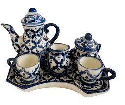 Vintage Miniature Childs Tea Set Service For 2 In Blue And White - $25.73