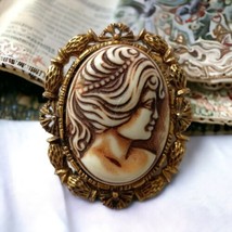 Vintage Large Faux Shell Cameo Brooch Pin Antique Gold Tone Statement Vi... - $24.74