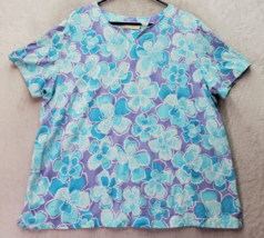 Alfred Dunner Blouse Top Women 2X Blue Tropical Print Cotton Short Sleeve V Neck - £14.41 GBP