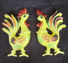 VTG Lefton Yellow Roosters Wall Decor 4381 MCM Ceramic Chicken Plaque Art Set - £28.12 GBP