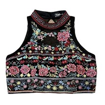 Midnight Doll Floral Embroidered Sleeveless High Neck Cropped Top Junior... - £14.80 GBP