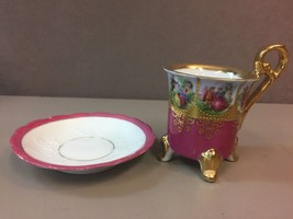 Ornate Footed Cup and Saucer with Gold and Limoges Scenes Hot Pink - $44.54