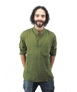  Men&#39;s Handmade Casual Boho Cotton Shirt Size S-M-L-XL Green - $34.99