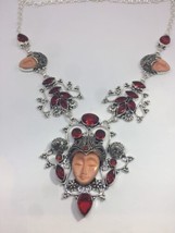 Vintage Gothic Rot Vulkanisches Glas Silber Harz Gemme Gesicht Halskette - £85.45 GBP