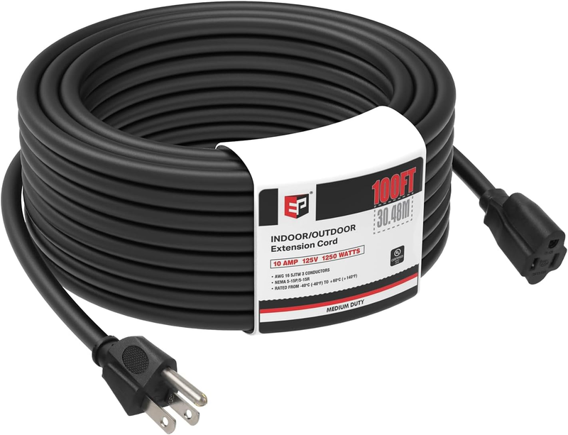 100 Ft Outdoor Extension Cord - 16/3 SJTW Durable Black Electrical Cable... - $70.28
