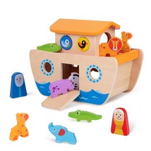 Wooden Noah&#39;S Ark Toys For Kids, Animal Shape Sorter Toys, Bible Story Toys Bapt - £38.03 GBP