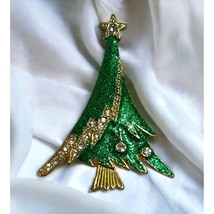 Vintage Christmas Tree Brooch Gold Tone Rhinestone Green Glitter Sparkle - £14.19 GBP