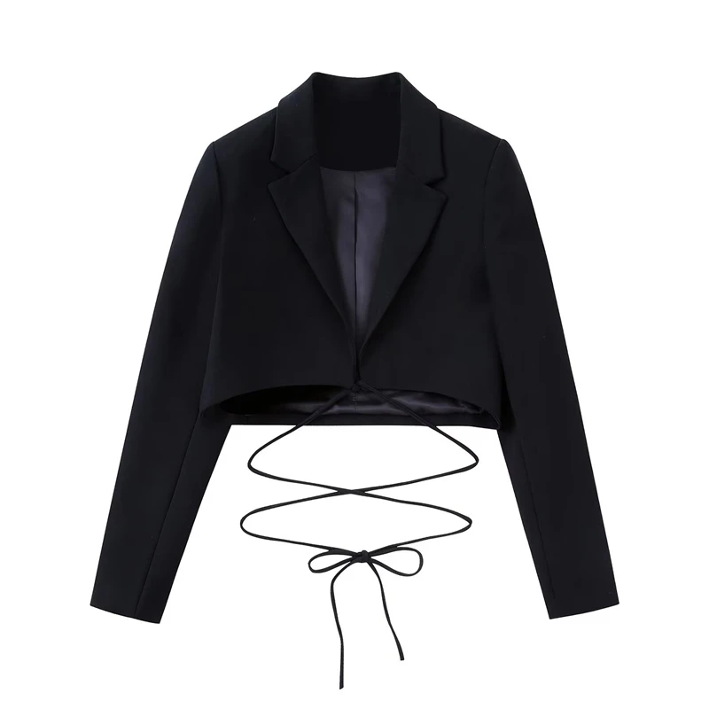 Tangada Women  Solid Black with Slash Crop Blazer Coat Vintage Long Sleeve Femal - £110.43 GBP