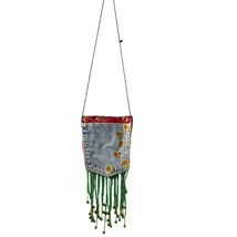 Handmade Crossbody Purse Jean Pocket 7x6 Small Flower Embellished Beaded Fringe - £7.39 GBP