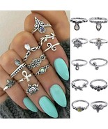 10pcs/Set Women Bohemian Vintage Silver Stack Rings Above Knuckle Blue R... - £23.97 GBP