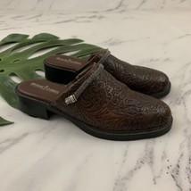 Minnetonka Womens Tooled Leather Mules Flats Size 6 Brown Floral Slip On Western - £27.95 GBP