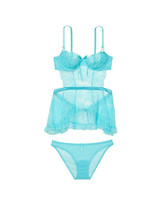 Victoria&#39;s Secret 36C/36D L BABYDOLL apron SET M Panty AQUA BLUE lace op... - $89.09