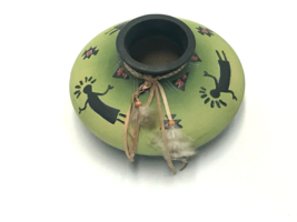 Pottery Round Bowl Southwest Avocado Green with Bird Feathers Spiritual ... - $12.86