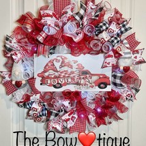 Handmade Valentine’s Gnome LOVE Truck Ribbon Prelit Wreath 22 ins LED W15 - £62.84 GBP