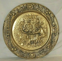 Stamped Brass Charger Ornate Wall Art Plaque Platter Tavern Pub Scene En... - £39.10 GBP