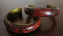 Snakeskin Bangle Bracelets Set Women Gold Brass Jewelry Brown Cuff Vintage Used - £37.32 GBP