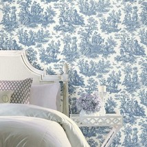 Country Life Toile Peel And Stick Wallpaper By Waverly, Blue And White. - £34.59 GBP
