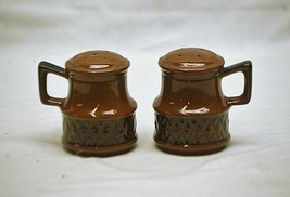 Old Vintage Terra Cotta Brown Salt &amp; Pepper Shakers w Abstract Design MCM - £7.38 GBP