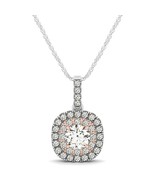 Cushion shape diamond pendant necklace 14k white and rose gold - £1,757.31 GBP