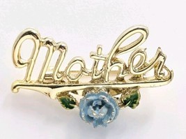 VTG Mother Blue Rose Flower Script Letters Signed Gerry&#39;s Gold Tone Brooch Pin - $12.99