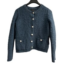 Tahari Sweater Blazer Womens XL Blue Fuzzy Knit Sliver Buttons Classic C... - $39.40