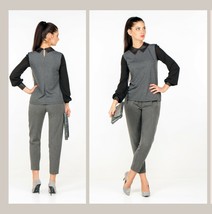 LONG SLEEVE PETER PEN COLLARED OFFICE BLOUSE CAREER GRAY BLACK MADE IN E... - £62.14 GBP
