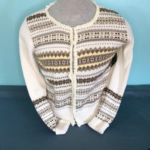 CrazyHorse cream sweater w/brown yellow accent lace trim with hidden but... - £18.70 GBP