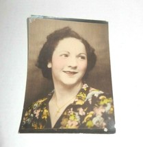 Vintage Hand-Tinted Photo Smiling Woman With Floral Dress &amp; Cross Necklace 5 x 7 - £11.18 GBP
